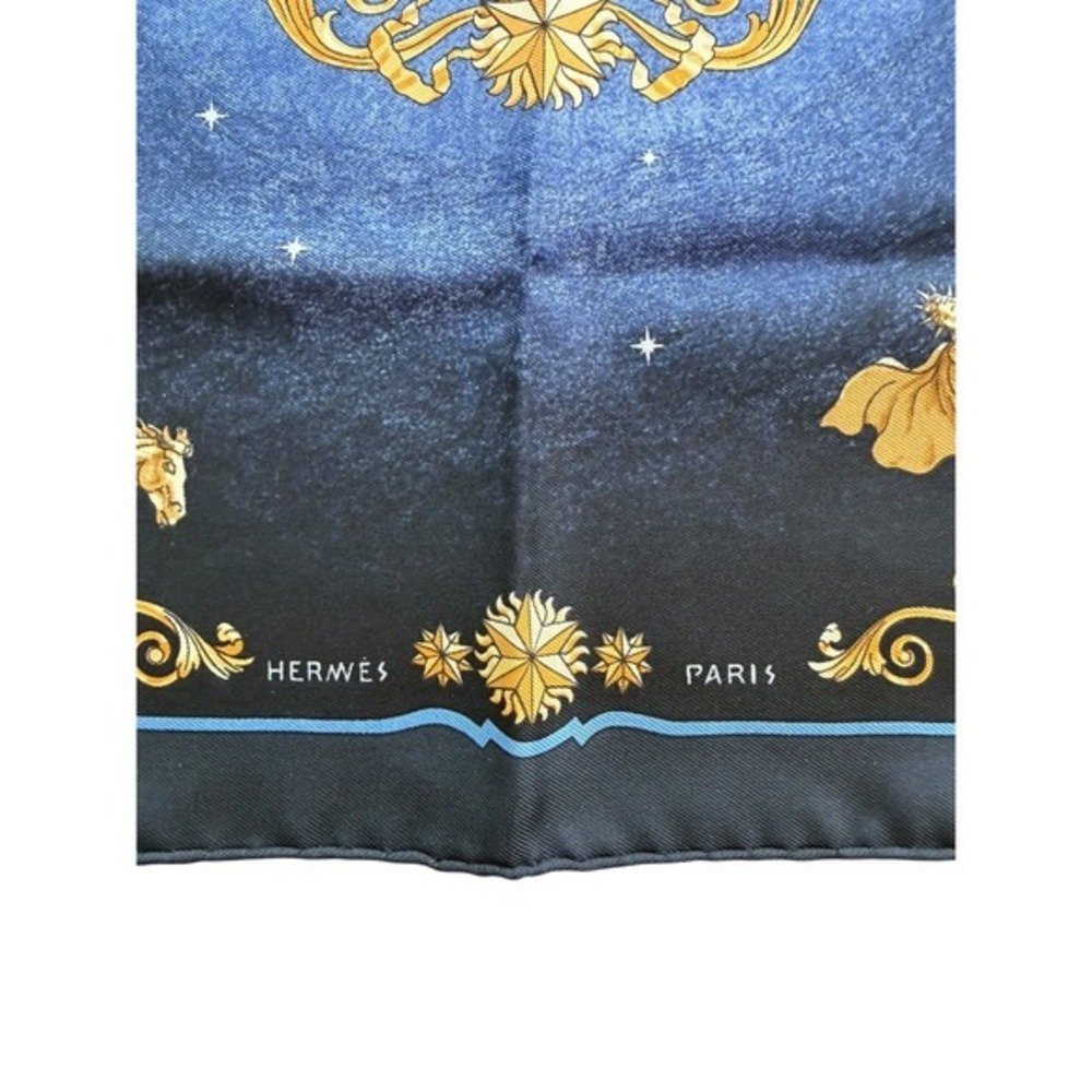Hermès Cosmos Silk Pocket Square Scarf Philippe Ledoux Navy Blue Gold 16" - Picture 3 of 6
